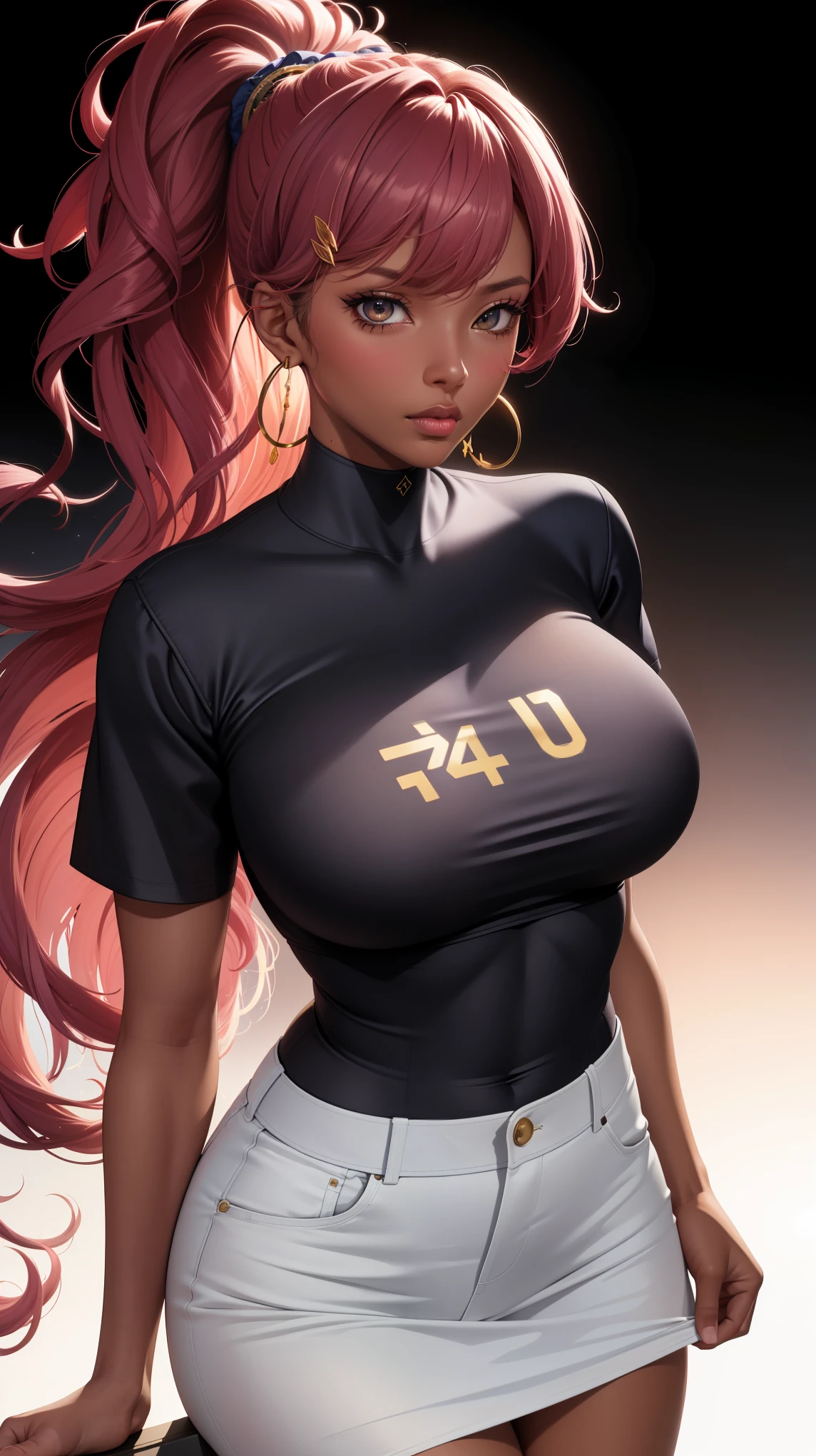 (best quality:1.5, highres, UHD, 4K, detailed lighting, shaders), curly floral haired, gradient hair, large breasts, suit, T-shirt, social shirt, short skirt, mature woman , (pov), white background, colorful eyeshadow, dramatic lighting, sparkling eyes, sensual expression, golden earrings, flowing hair, delicate facial features, dark skin, high cheekbones, urban setting, black background, dont look for the camera, lean forward,  behind  the camera