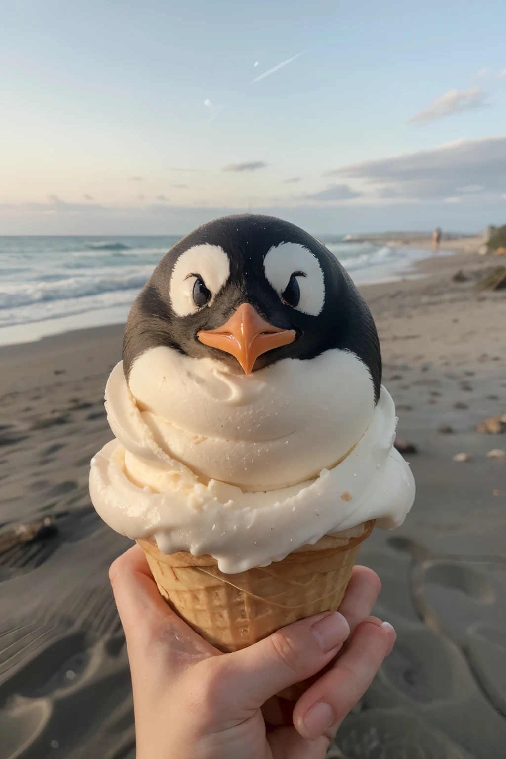 Alguien sosteniendo un cono de helado de pingüino en la playa - SeaArt AI