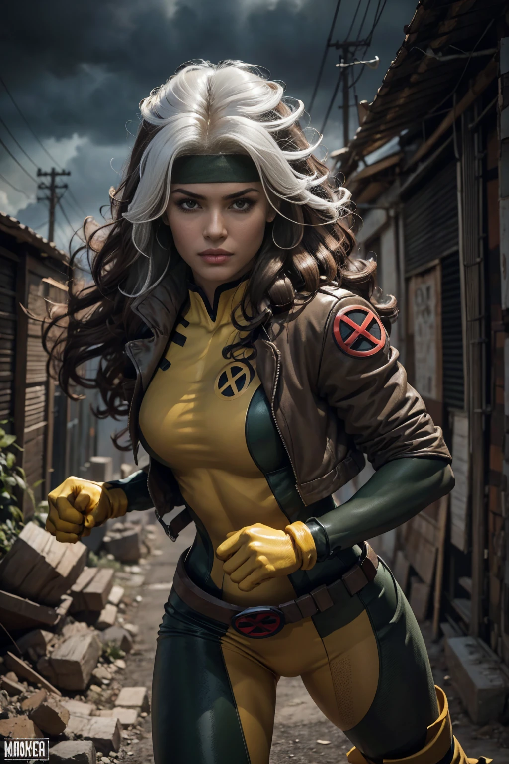 (cuerpo completo),Rogue of the X-men,hermosos ojos detallados,hermosos labios detallados,ojos y rostro extremadamente detallados,long eyelashes,pelo con mechas beige y blanco,cabello ondulado desordenado,ojos verdes ojos expresivos,pale skin,fierce expression,aura poderosa,postura segura,The characteristic white streak of hair of the rogue.,powerful energy surging from your body,guantes rotos y atados,mono ajustado verde y amarillo,botas de combate negras,chaqueta de cuero desgastada,Pantalones rasgados,gritty and dark lighting,fondo del paisaje urbano,sol naciente en la distancia,cielo nublado,moody atmosphere,comic style,medio similar a la pintura,colores vibrantes,alto contraste,sharp details,classic superhero pose