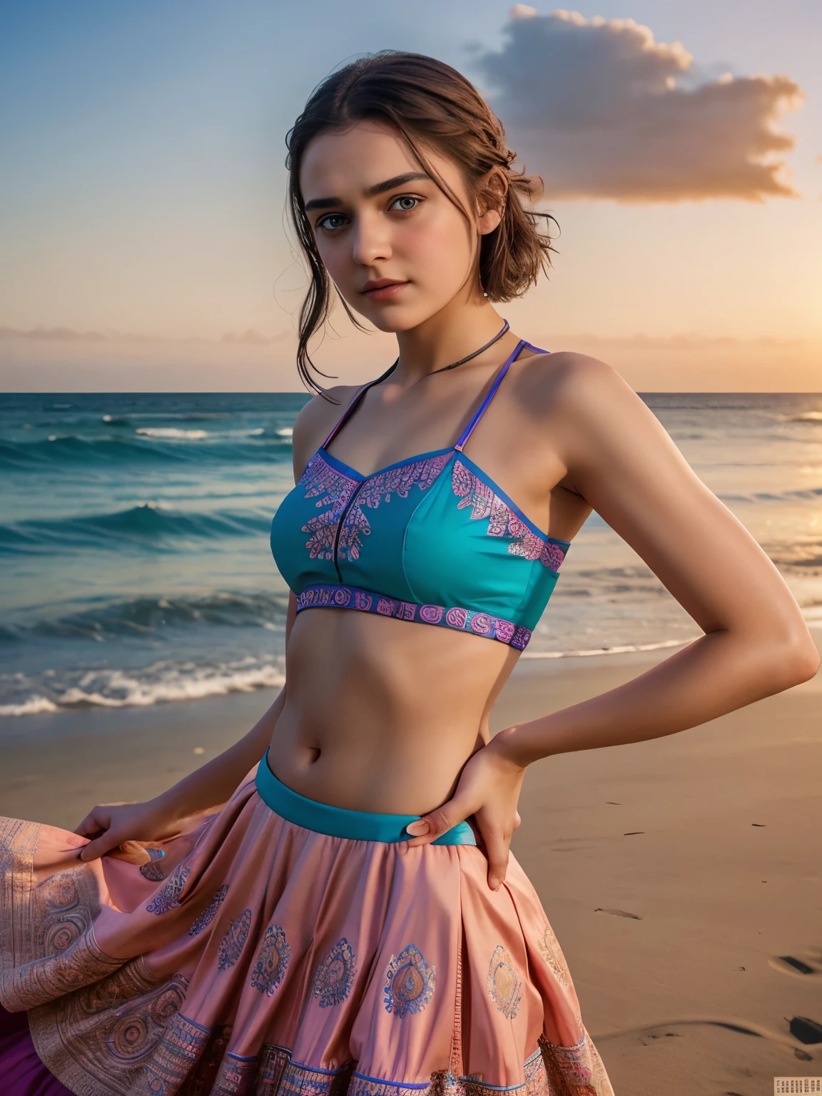 Arya Stark (highly detailed face), eyes symmetry, face symmetry, in the beach, smirking, playful teasing sassy poses for adults only magazine, (wearing vibrant color trendy designer choli long skirt), round deep navel, evening sky, wave tides, HDR, hyper realistic