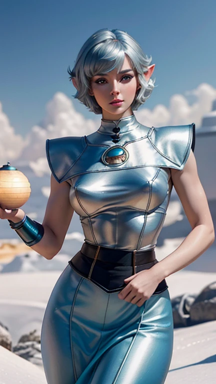 (Best quality, ultra realistic) 8k, retro futuristic look, dream aesthetic, dream atmosphere, 1 tall elf girl, beautiful cute elf girl, gothic makeup, light cyan_eyes, bright Eyes, flushed cheeks, (( hair color [Silver blonde hair], [pixie cut with bangs] hair)), earrings, lips, short sleeve, realistic, proportional waist, charming, colorful makeup, long eyelashes, very white skin, pale skin, clear skin, delicate body, natural breasts, proportional waist, hot hips, hot legs, natural tall body (cute), (cute face), Detailed eyes, Detailed iris, dream aesthetics, retro futurism aesthetic.