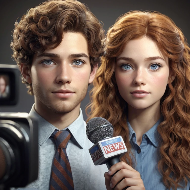 A hyper realistic image of a young man with curly brown hair with brown eyes holding a reporting microphone on a news set next to a redhead girl with long hair, blue eyes and holding a report microphone looking both at the invisible camera in front of them very realistic