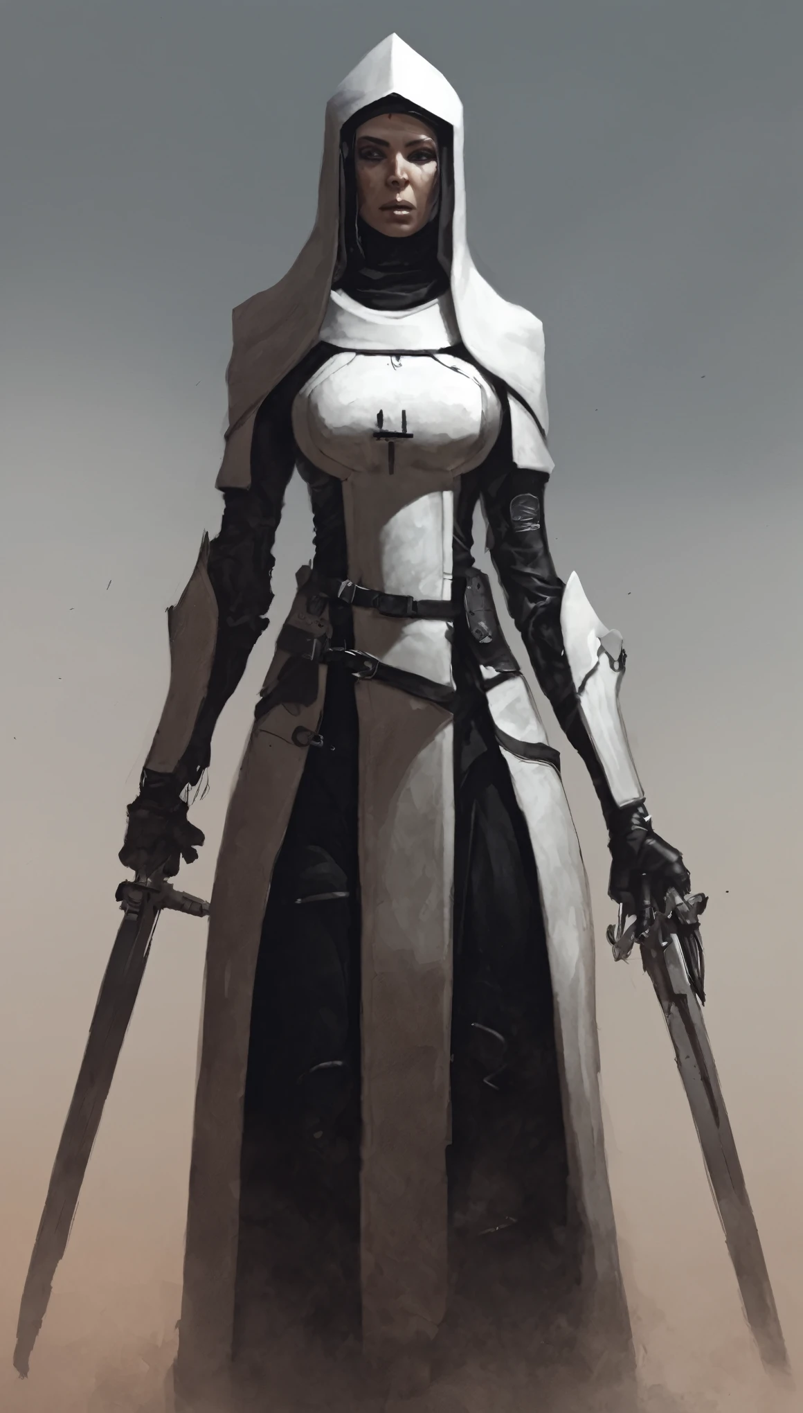 sci-fi, fantasy, digital paintig, medieval warrior nun, medieval nun in armor and weapon, holy cross on neck, ben dunn comic style (ben dunn's Warrior Nun Areala), immersive background of battlefield, war with demons