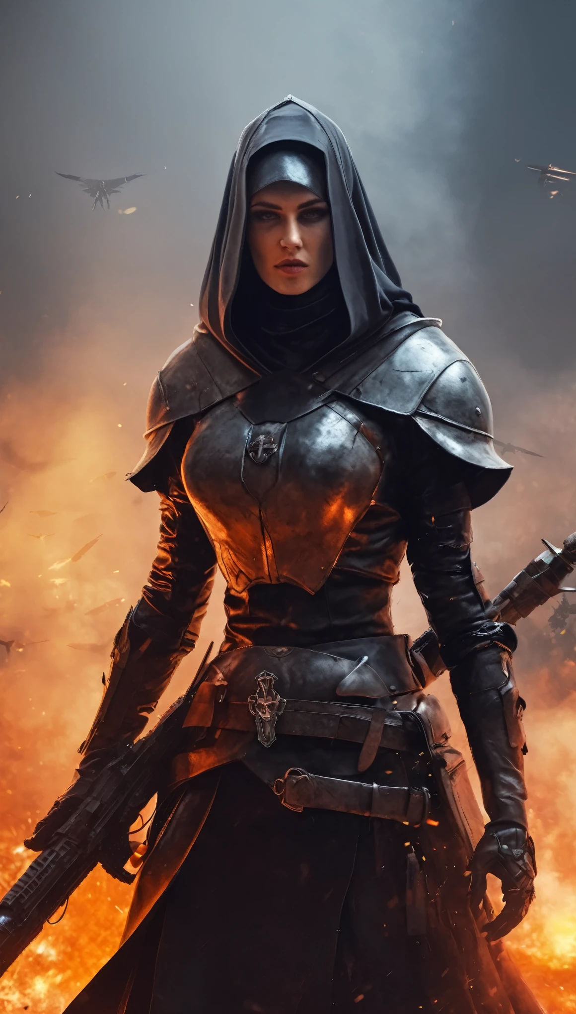 sci-fi, fantasy, digital paintig, medieval warrior nun, medieval nun in armor and weapon, holy cross on neck, ben dunn comic style (ben dunn's Warrior Nun Areala), immersive background of battlefield, war with demons