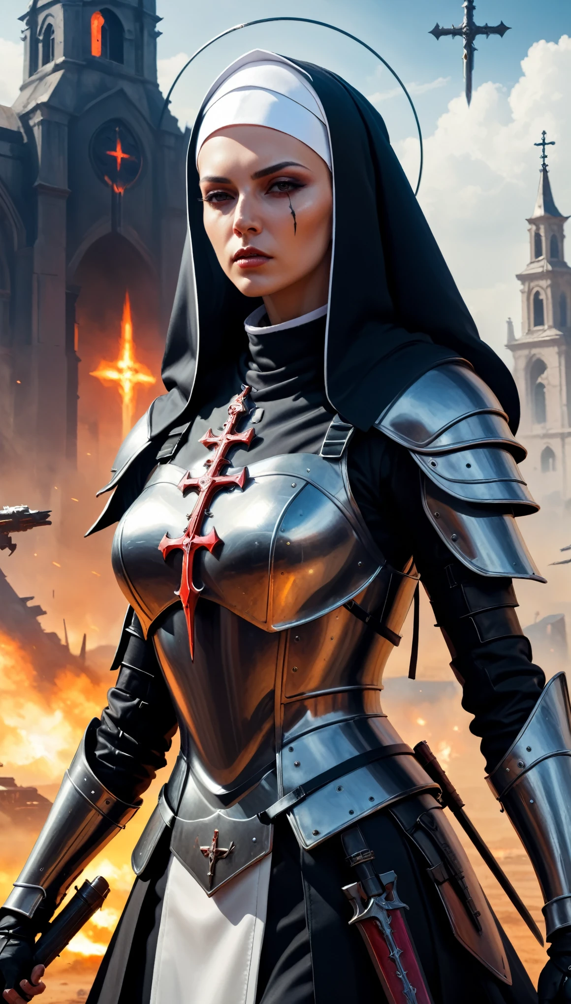 sci-fi, fantasy, digital paintig, medium close up, medieval warrior nun, medieval nun in armor and weapon, holy cross on neck, Half face illuminated by sword fire, half face in light shadow, immersive background of battlefield, war with demons, detailed face, detailed armor, 8k, masterpieces