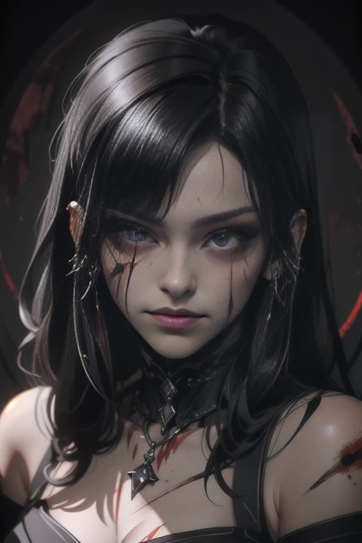 Extremely realistic shading, masterpiece, extremely detailed, photorealistic, Mordana, low dim lighting, dark chamber, smirk, blood on her face, cultist markings,