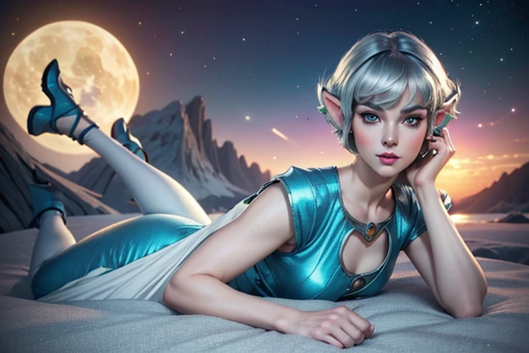 (Best quality, ultra realistic) 8k, retro futuristic look, dream aesthetic, dream atmosphere, 1 tall elf girl, beautiful cute elf girl, gothic makeup, light cyan_eyes, bright Eyes, flushed cheeks, (( hair color [Silver blonde hair], [pixie cut with bangs] hair)), earrings, lips, short sleeve, realistic, proportional waist, charming, colorful makeup, long eyelashes, very white skin, pale skin, clear skin, delicate body, natural breasts, proportional waist, hot hips, hot legs, natural tall body (cute), (cute face), Detailed eyes, Detailed iris, dream aesthetics, retro futurism aesthetic.