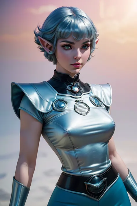 (best quality, ultra realistic) 8k, retro futuristic look, dream aesthetic, dream atmosphere, 1 tall elf girl, beautiful cute el...