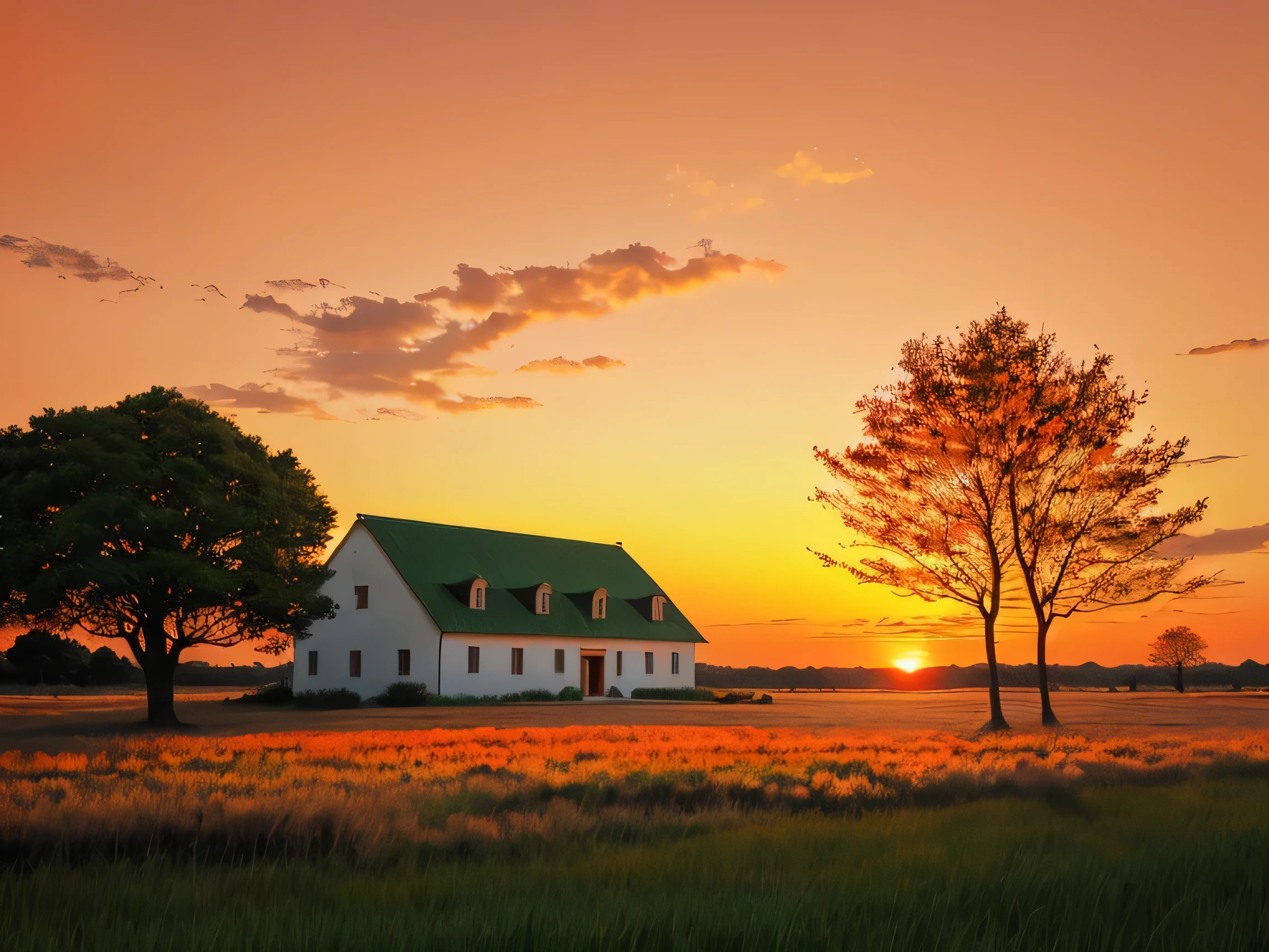 (masterpiece),a house in the countryside, ((orange sky, amazing sunset)), colorful, sunset on the horizon, well bright,green grass, only one tree aside, big sunset, empty  field, full color, 