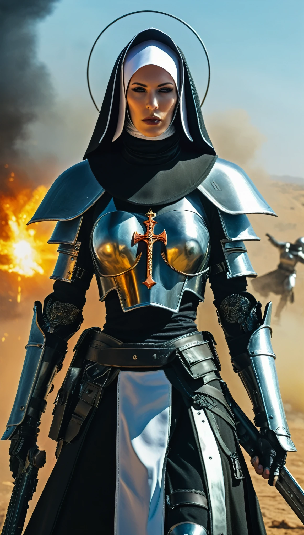 sci-fi, fantasy, digital paintig, medium close up, medieval warrior nun, medieval nun in armor and weapon, holy cross on neck, Half face illuminated by sword fire, half face in light shadow, immersive background of battlefield, war with demons, detailed face, detailed armor, 8k, masterpieces