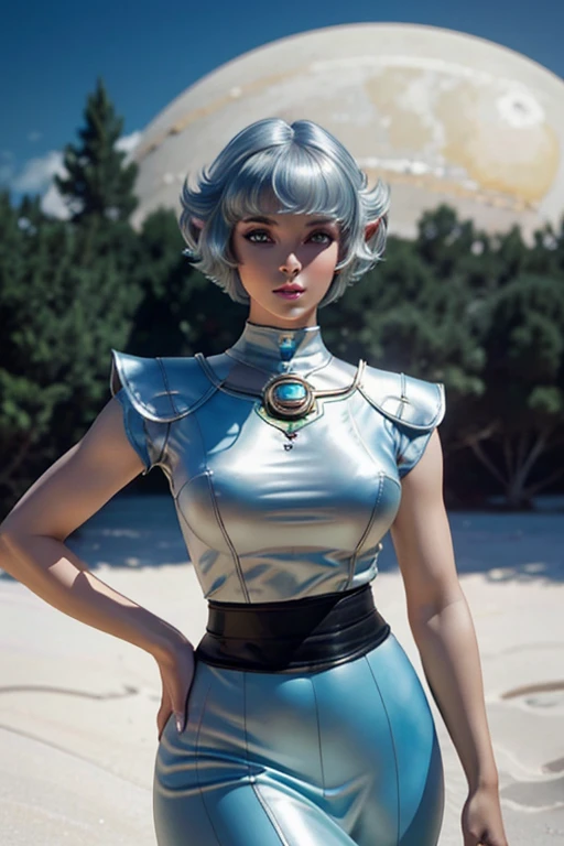 (Best quality, ultra realistic) 8k, retro futuristic look, dream aesthetic, dream atmosphere, 1 tall elf girl, beautiful cute elf girl, gothic makeup, light cyan_eyes, bright Eyes, flushed cheeks, (( hair color [Silver blonde hair], [pixie cut with bangs] hair)), earrings, lips, short sleeve, realistic, proportional waist, charming, colorful makeup, long eyelashes, very white skin, pale skin, clear skin, delicate body, natural breasts, proportional waist, hot hips, hot legs, natural tall body (cute), (cute face), Detailed eyes, Detailed iris, dream aesthetics, retro futurism aesthetic.