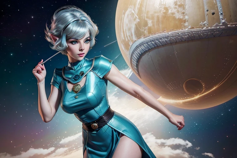 (Best quality, ultra realistic) 8k, retro futuristic look, dream aesthetic, dream atmosphere, 1 tall elf girl, beautiful cute elf girl, gothic makeup, light cyan_eyes, bright Eyes, flushed cheeks, (( hair color [Silver blonde hair], [pixie cut with bangs] hair)), earrings, lips, short sleeve, realistic, proportional waist, charming, colorful makeup, long eyelashes, very white skin, pale skin, clear skin, delicate body, natural breasts, proportional waist, hot hips, hot legs, natural tall body (cute), (cute face), Detailed eyes, Detailed iris, dream aesthetics, retro futurism aesthetic.