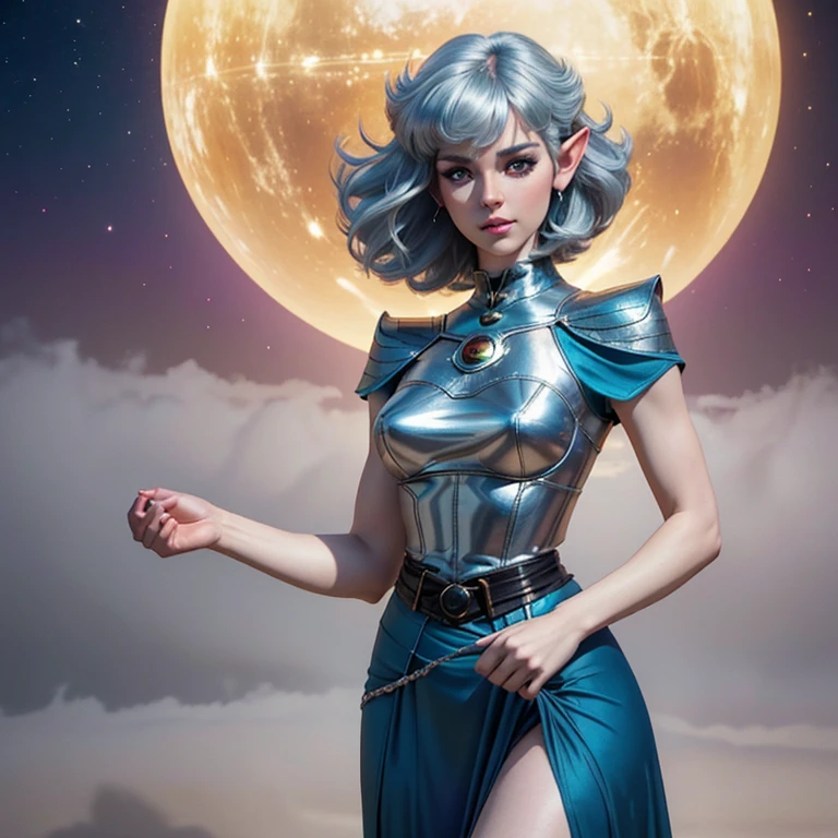 (Best quality, ultra realistic) 8k, retro futuristic look, dream aesthetic, dream atmosphere, 1 tall elf girl, beautiful cute elf girl, gothic makeup, light cyan_eyes, bright Eyes, flushed cheeks, (( hair color [Silver blonde hair], [pixie cut with bangs] hair)), earrings, lips, short sleeve, realistic, proportional waist, charming, colorful makeup, long eyelashes, very white skin, pale skin, clear skin, delicate body, natural breasts, proportional waist, hot hips, hot legs, natural tall body (cute), (cute face), Detailed eyes, Detailed iris, dream aesthetics, retro futurism aesthetic.