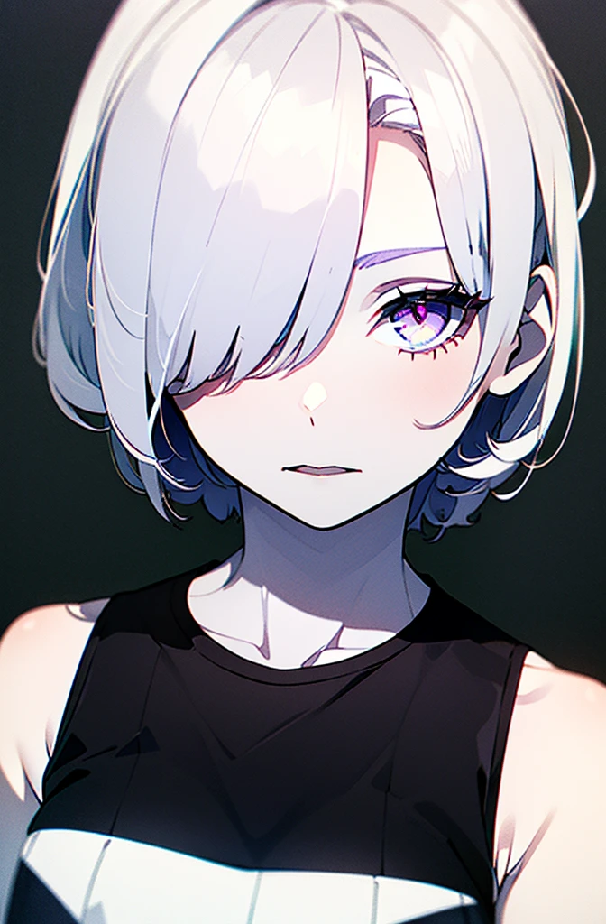 (1girl), ((((pale skin)))), Purple eyes, {((Detailed eyes))}, eyes squinted, (in deep thought).,((hair over one eye)), hair, (white hair), ((short white hair)). (((black shirt, sleeveless shirt))), (Masterpiece:1.4), ((highly detailed)), high quality, ultra detailed, ultra realistic, hyper beautiful and delicate.