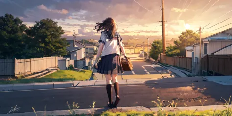 -blues, 1girl, solo, outdoors, cloud, sky, skirt, , socks, scenery, white socks, sign, grass, shoes, bag, standing, serafuku, kn...