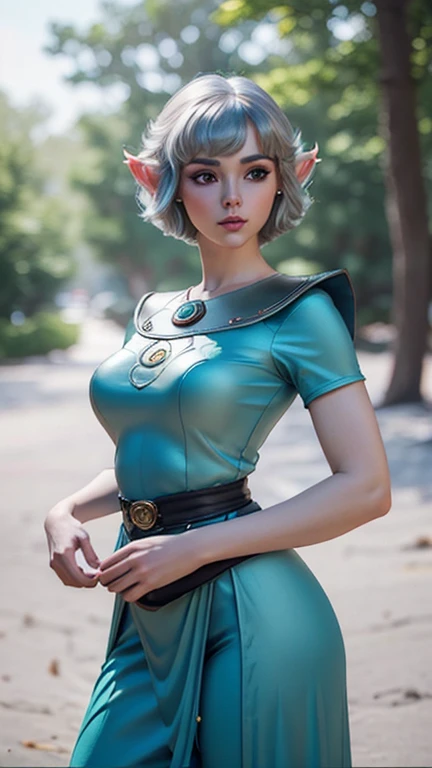 (Best quality, ultra realistic) 8k, retro futuristic look, dream aesthetic, dream atmosphere, 1 tall elf girl, beautiful cute elf girl, gothic makeup, light cyan_eyes, bright Eyes, flushed cheeks, (( hair color [Silver blonde hair], [pixie cut with bangs] hair)), earrings, lips, short sleeve, realistic, proportional waist, charming, colorful makeup, long eyelashes, very white skin, pale skin, clear skin, delicate body, natural breasts, proportional waist, hot hips, hot butt beside, hot legs, natural tall body (cute), (cute face), Detailed eyes, Detailed iris, dream aesthetics, retro futurism aesthetic.