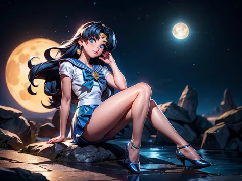Sailor Moon Mercury, detailed transformation into the moon, ultra-detailed face and makeup, long flowing blue hair, blue eyes wi...