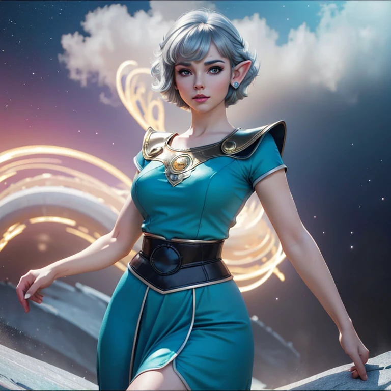 (Best quality, ultra realistic) 8k, retro futuristic look, dream aesthetic, dream atmosphere, 1 tall elf girl, happy, beautiful cute elf girl, gothic makeup, light cyan_eyes, bright Eyes, flushed cheeks, (( hair color [Silver blonde hair], [pixie cut with bangs] hair)), earrings, lips, short sleeve, realistic, proportional waist, charming, colorful makeup, long eyelashes, very white skin, pale skin, clear skin, delicate body, with open arms waiting to give the spectator a hug, natural breasts, proportional waist, hot hips, hot legs, natural tall body (cute), (cute face), Detailed eyes, Detailed iris, dream aesthetics, retro futurism aesthetic.