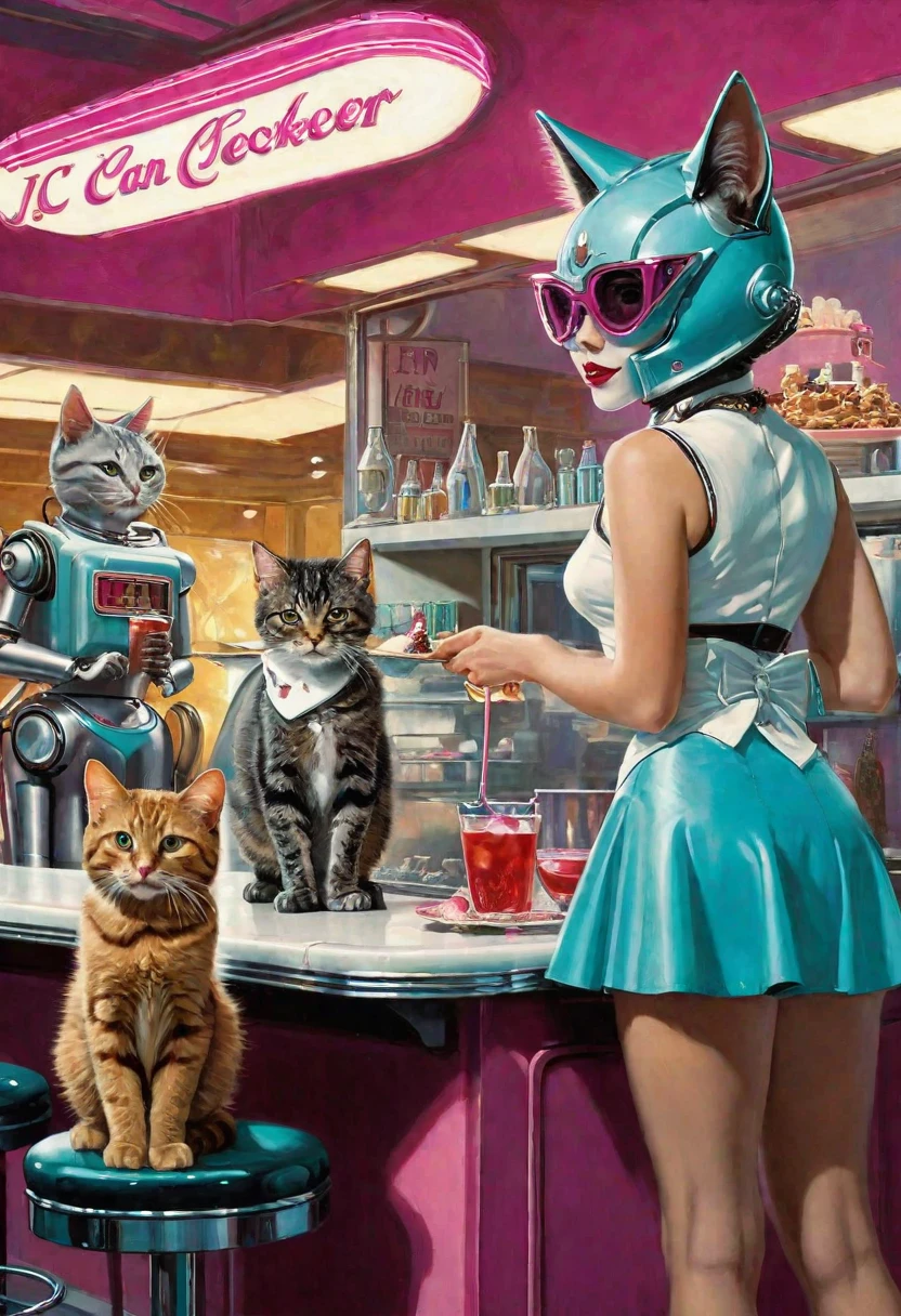 a retro futurism sci fi diner cafe with 3 cats and a beautiful antiguo waitress with a short skirt and cat ears, y un gato robot detrás del mostrador sirviendo bebidas. Al fondo hay un animado . The colors of the cafe are cyan and magenta and in the style of normando rockwell and JC Lyendecker. --AR 2:3 --estilo crudo --estilizar 250 cian y magenta, Jc Leyendecker, normando rockwell, retro futurism, ciencia ficción, a las 6, antiguo