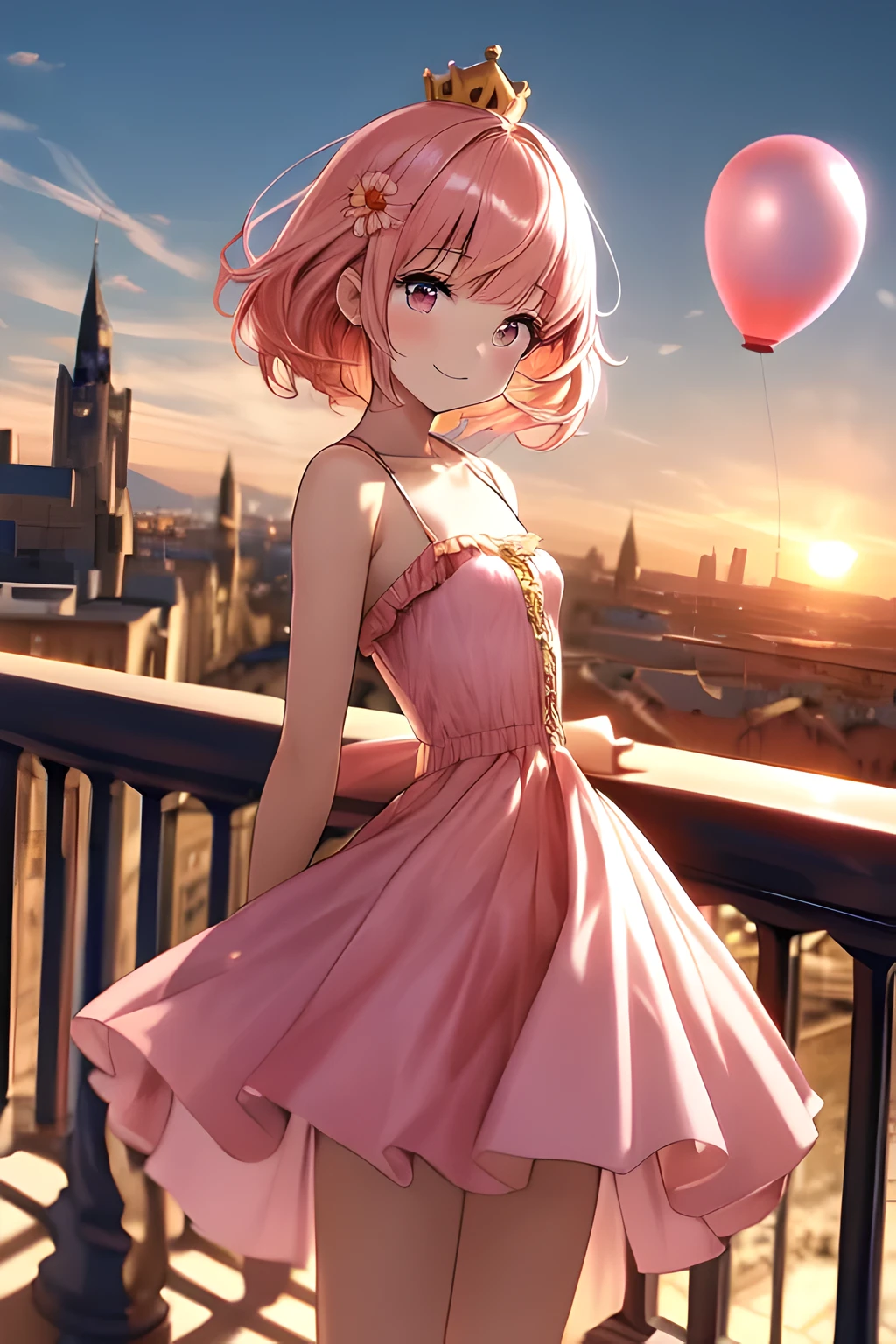 (masterpiece, best quality:1.2), (absurdres, highres, ultra-detailed), (perfect anatomy), 1girl , balcony , sunset , ballon flying in bacground , castle background,  flower filed view, purpule lolita dress, golden small crown, pink hair , pink eyes, perfect eyes , warm smile,  bare shoulders