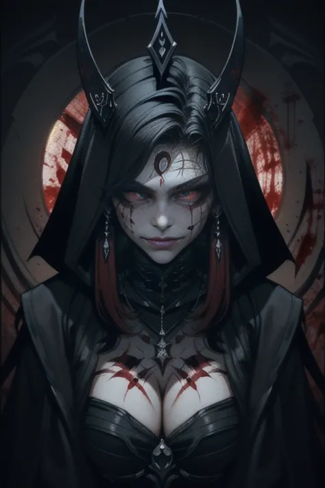 Mordana, low dim lighting, dark chamber, smirk, blood on her face, cultist markings,