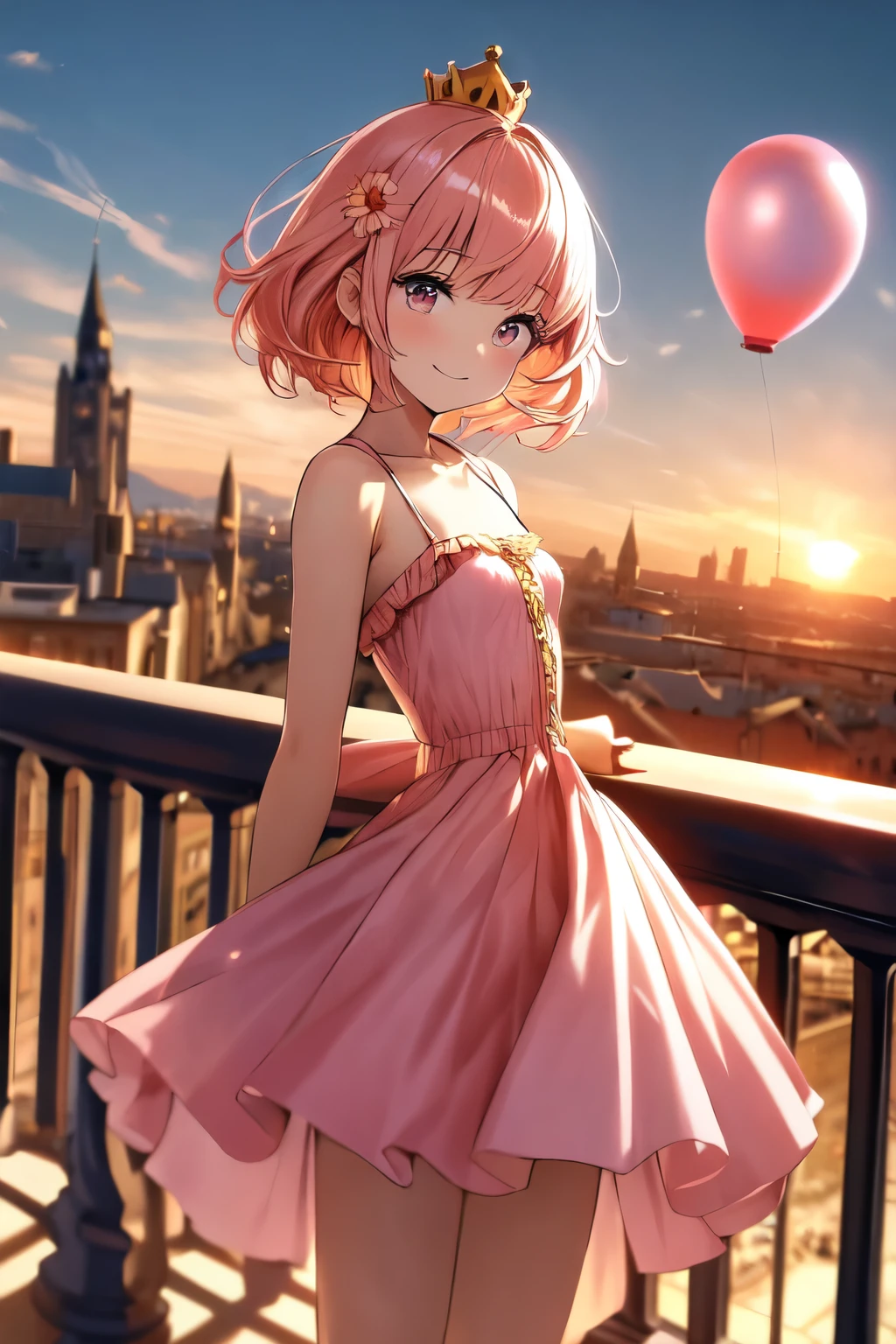 (masterpiece, best quality:1.2), (absurdres, highres, ultra-detailed), (perfect anatomy), 1girl , balcony , sunset , ballon flying in bacground , castle background,  flower filed view, purpule lolita dress, golden small crown, pink hair , pink eyes, perfect eyes , warm smile,  bare shoulders