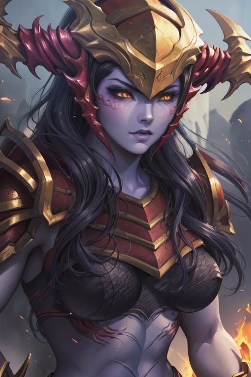 (best quality, highres, realistic:1.37), detailed dragon woman, shyvana, fierce gaze, muscular body, dragon scales, intense fiery background, dynamic pose, fantasy illustration, vibrant colors, sensual atmosphere