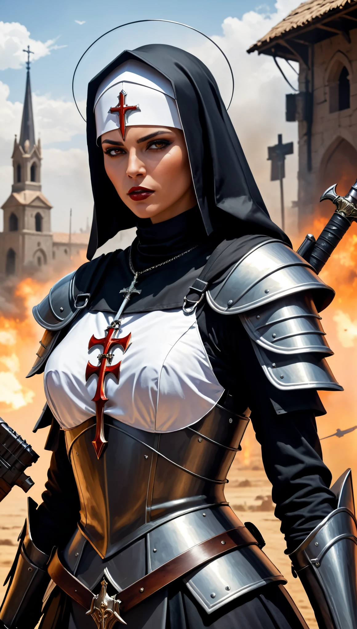 sci-fi, fantasy, digital paintig, medium close up, medieval warrior nun, medieval nun in armor and weapon, holy cross on neck, Half face illuminated by sword fire, half face in light shadow, immersive background of battlefield, war with demons, detailed face, detailed armor, 8k, masterpieces