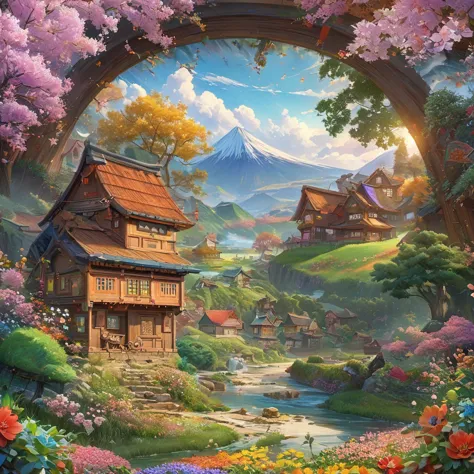 A painting of a house in a flower field, Japanese cartoons beautiful peace scene, Flower mountain background, Japanese cartoons ...