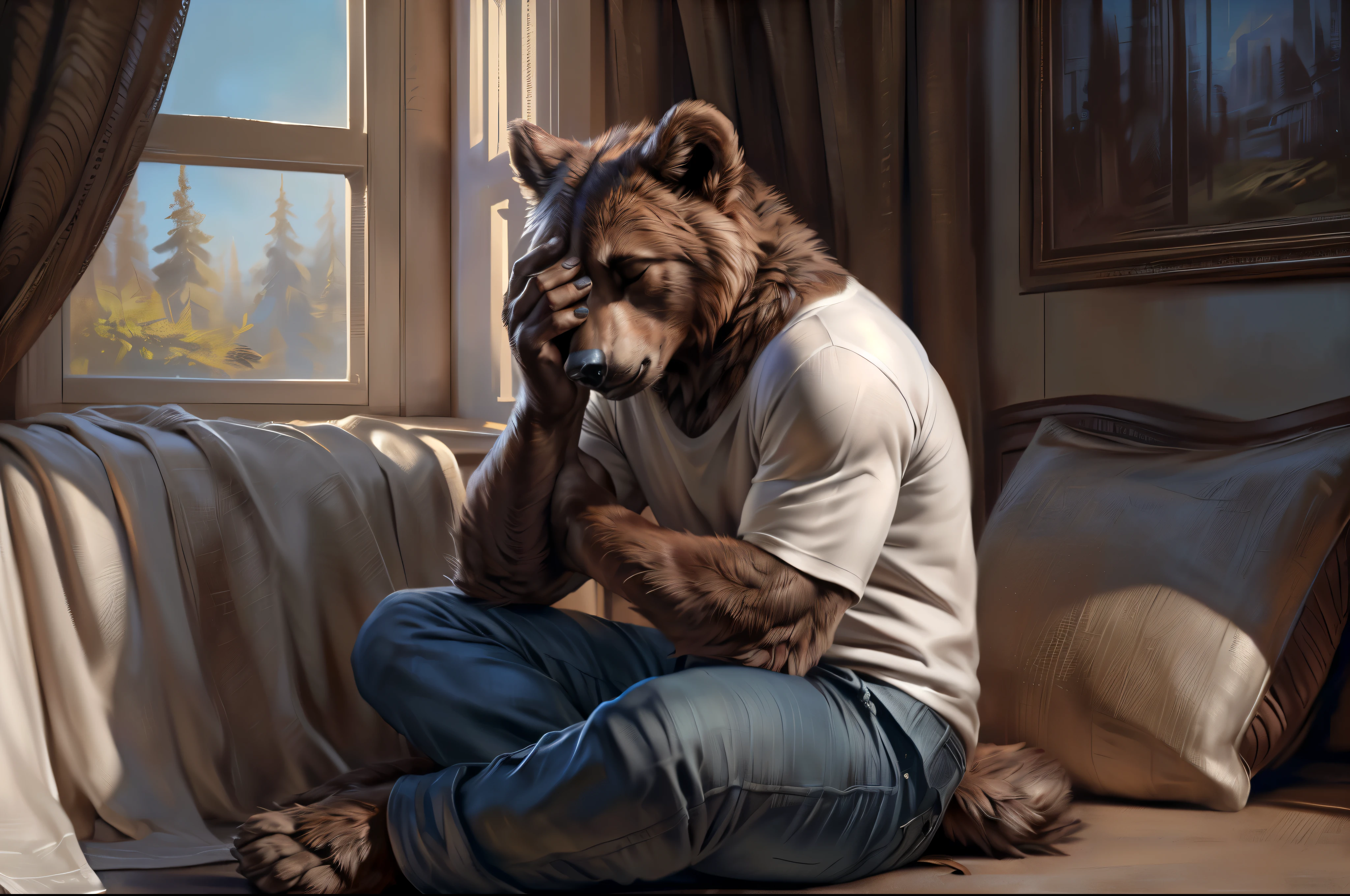 4k, high resolution, best quality, perfect colors, perfect shadows, perfect lighting, portrait shot, front view, posted on e621, furry body, solo, anthro brown bear, (monotone brown fur:1.3), male, correct anatomy, (photorealistic fur, detailed fur, epic, masterpiece:1.2), (by Taran Fiddler, by Chunie, by Rukis, Bonifasko lighting), (white t-shirt, pants, smooth fabric textures:1.4), (solo, early teens), living room, (grief), (sitting, hiding face with hands:1.4), sadness, depressive, (correct fingers, five fingers, nails on hands:1.3), eyes closed