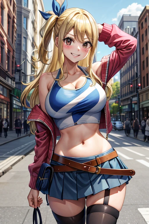 Masterpiece, best quality, height, Lucy Heartfilia, blonde hair, long hair, big breasts, jacket, crop top, bare shoulders, Show belly, belt, pleated skirt, Cowboy Shot, stand, look at viewer, city road, outdoor, modern city road, Blush, shy, smile, show teeth, tights,