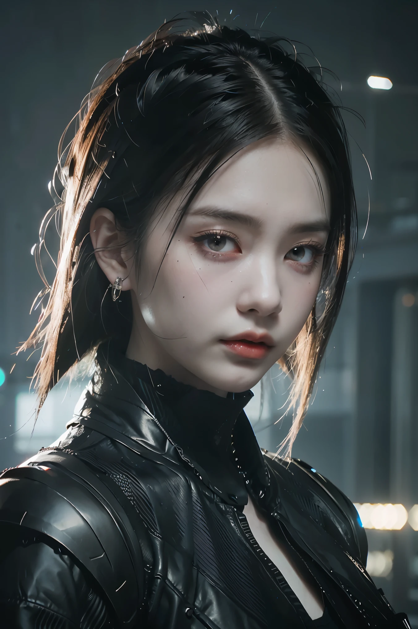 Game art，The best picture quality，Highest resolution，8K，(A bust photograph)，(Portrait)，(Head close-up:1.5)，(Rule of thirds)，Unreal Engine 5 rendering works， (The Girl of the Future)，(Female Warrior)， 22 year old girl，(Female hackers)，(White and red gradient，Ancient Oriental hairstyle)，((The pupils of the red eyes:1.3))，(A beautiful eye full of detail)，(Big breasts)，(Eye shadow)，Elegant and charming，indifferent，((Anger))，(Cyberpunk jacket full of futuristic look，Joint Armor，There are exquisite Chinese patterns on the clothes，A flash of jewellery)，cyberpunk characters，futuristic style， photo poses，city background，Movie lights，Ray tracing，Game CG，((3D Unreal Engine))，OC rendering reflection pattern