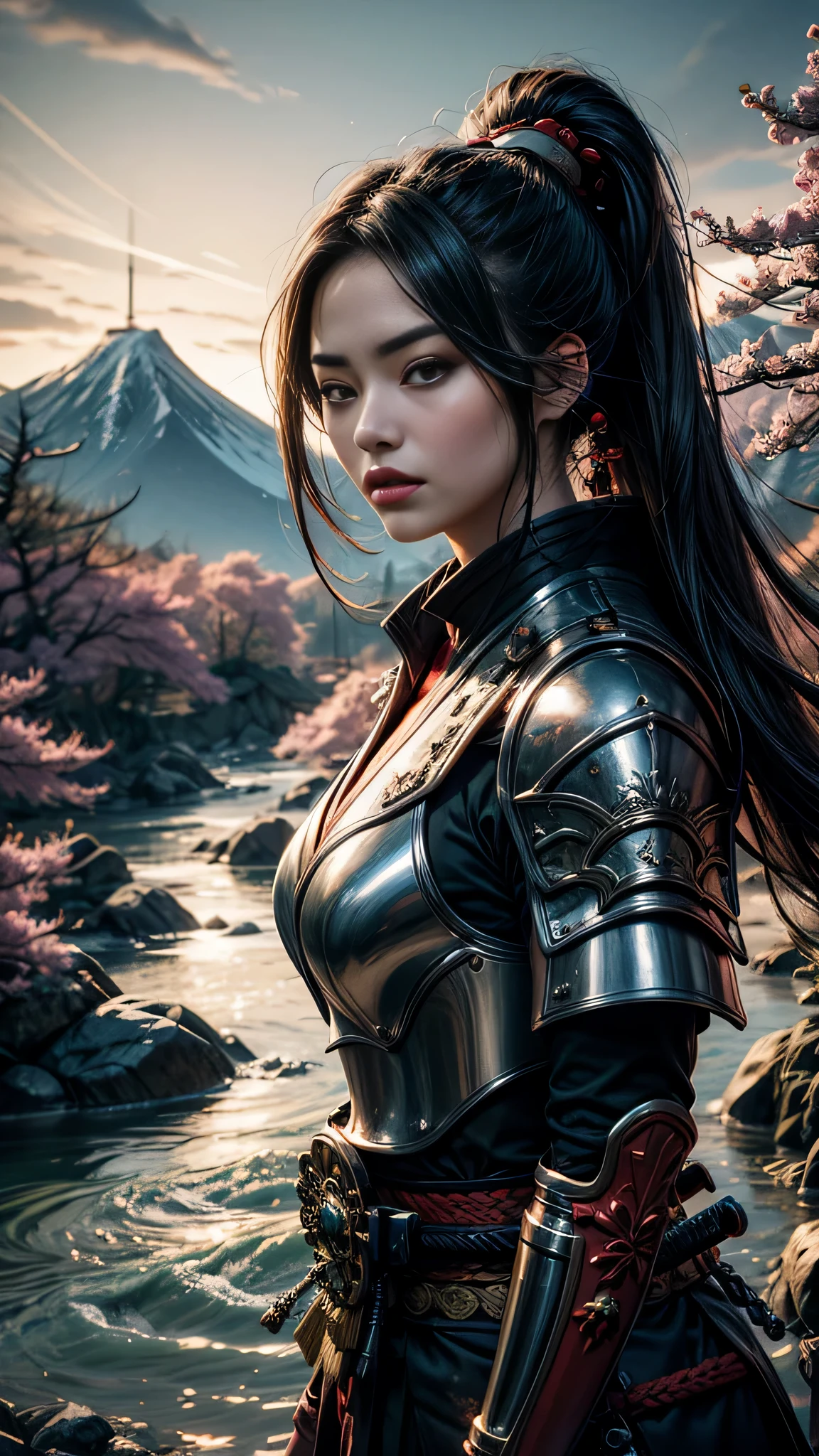 1 girl, upper body, single focus, enigmatic beauty, Samurai armor, katana in hand, (feudal Japan landscape: 1.4), (code of Bushido whispers: 1.3), enigmatic features, disciplined aura, [depth of field, ambient lighting, cherry blossoms foreground, honorable ambiance], Samurai Spirit, sword echoes, disciplined presence, (rustling wind), (flowing rivers: 1.2), intricate details, enhanced lighting.