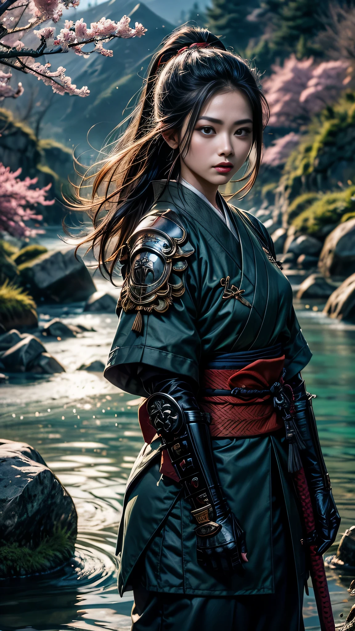 1 girl, upper body, single focus, enigmatic beauty, Samurai armor, katana in hand, (feudal Japan landscape: 1.4), (code of Bushido whispers: 1.3), enigmatic features, disciplined aura, [depth of field, ambient lighting, cherry blossoms foreground, honorable ambiance], Samurai Spirit, sword echoes, disciplined presence, (rustling wind), (flowing rivers: 1.2), intricate details, enhanced lighting.