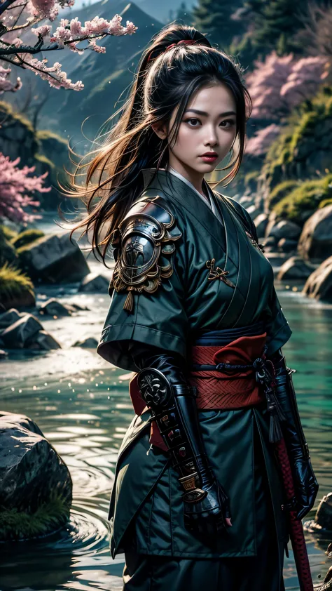 1 girl, upper body, single focus, enigmatic beauty, Samurai armor, katana in hand, (feudal Japan landscape: 1.4), (code of Bushi...