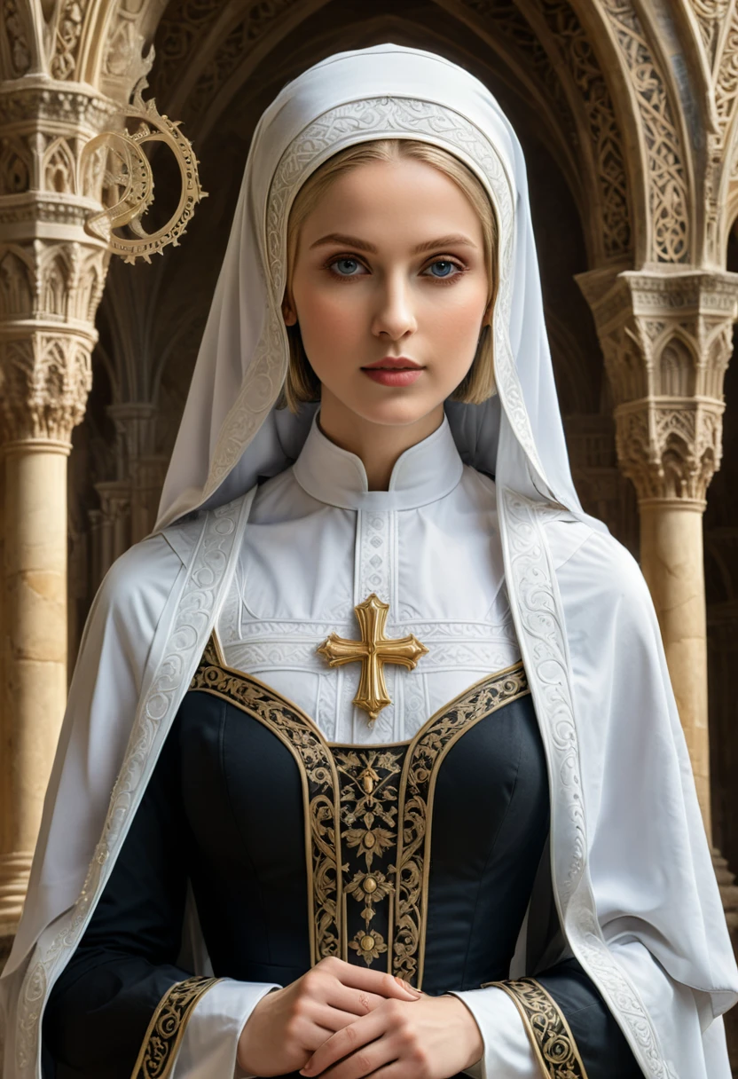 young Nun, by cgsociety and fenghua zhong, (masterpiece, best quality, Professional, perfect composition, very aesthetic, absurdres, ultra-detailed, intricate details:1.3)