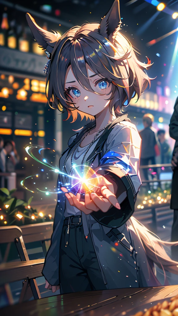 narita taishin \(umamusume\), highest quality,((highest quality)),((table top)),((perfect face)),become familiar with５Two finger hand,1 girl,(background blur), ((holographic)),1 girl,milky way, (stripes of light), impressive visuals, (dynamic streak, path of light:1.2), bright colors,Diavel Star,full body,dynamic pose