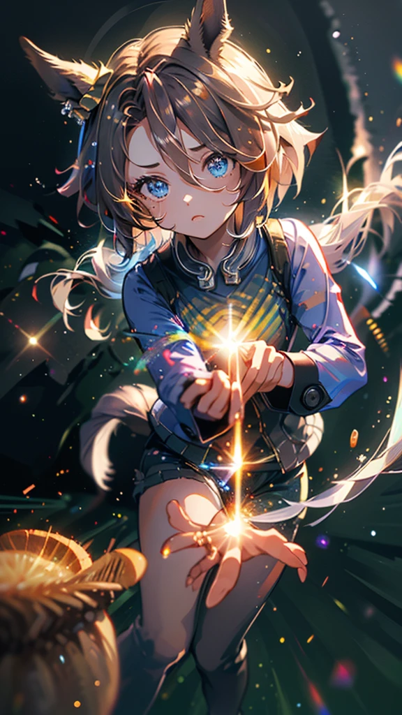 narita taishin \(umamusume\), highest quality,((highest quality)),((table top)),((perfect face)),become familiar with５Two finger hand,1 girl,(background blur), ((holographic)),1 girl,milky way, (stripes of light), impressive visuals, (dynamic streak, path of light:1.2), bright colors, full body,dynamic pose