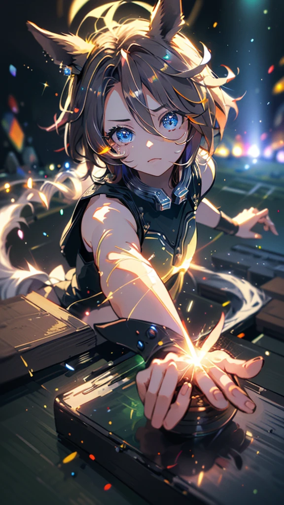 narita taishin \(umamusume\), highest quality,((highest quality)),((table top)),((perfect face)),become familiar with５Two finger hand,1 girl,(background blur), ((holographic)),1 girl,milky way, (stripes of light), impressive visuals, (dynamic streak, path of light:1.2), bright colors, full body,dynamic pose