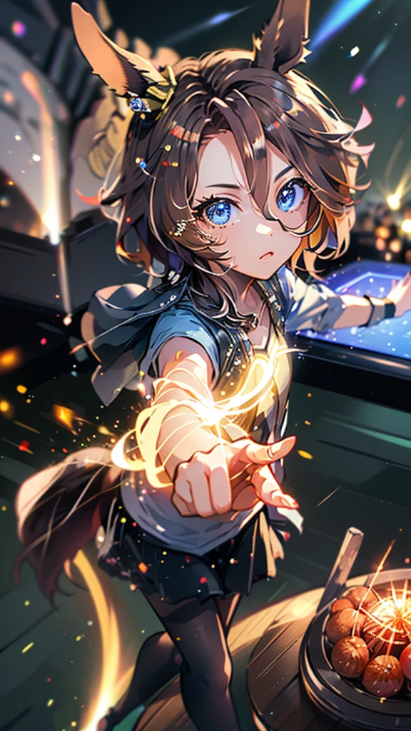 narita taishin \(umamusume\), highest quality,((highest quality)),((table top)),((perfect face)),become familiar with５Two finger hand,1 girl,(background blur), ((holographic)),1 girl,milky way, (stripes of light), impressive visuals, (dynamic streak, path of light:1.2), bright colors, full body,dynamic pose