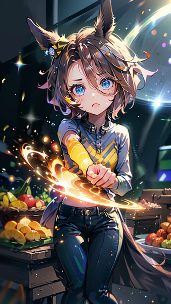 narita taishin \(umamusume\), highest quality,((highest quality)),((table top)),((perfect face)),become familiar with５Two finger hand,1 girl,(background blur), ((holographic)),1 girl,milky way, (stripes of light), impressive visuals, (dynamic streak, path of light:1.2), bright colors, full body,dynamic pose