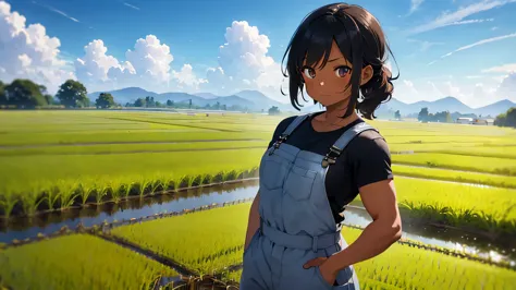 best god quality, ultra-detailed, perfect anatomy, (draw a tomboy working in a rice field), 1girl, is a muscular tan girl, farme...