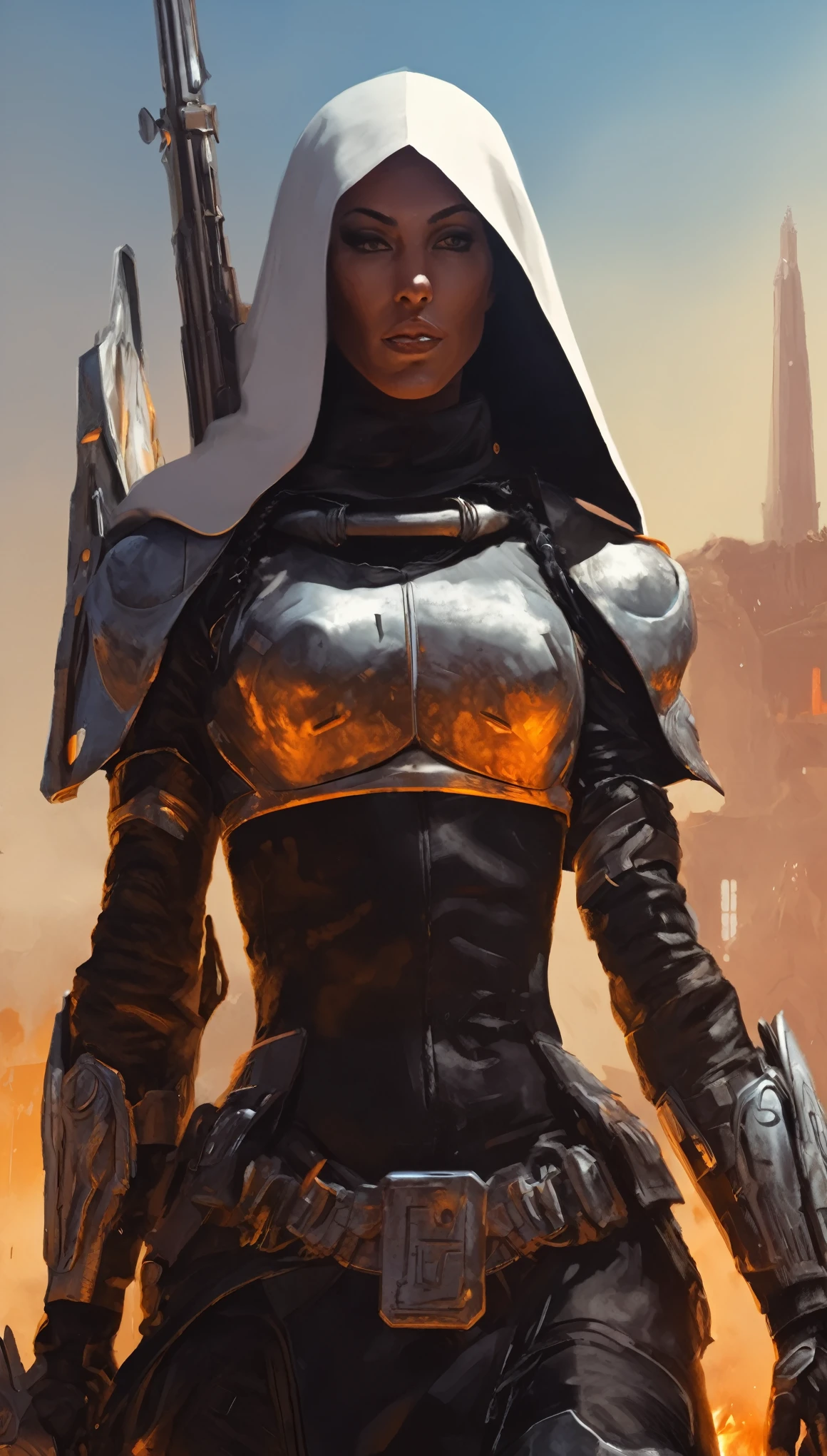 sci-fi, fantasy, digital paintig, medieval warrior nun, medieval nun in armor and weapon, holy cross on neck, ben dunn comic style (ben dunn's Warrior Nun Areala), immersive background of battlefield, war with demons