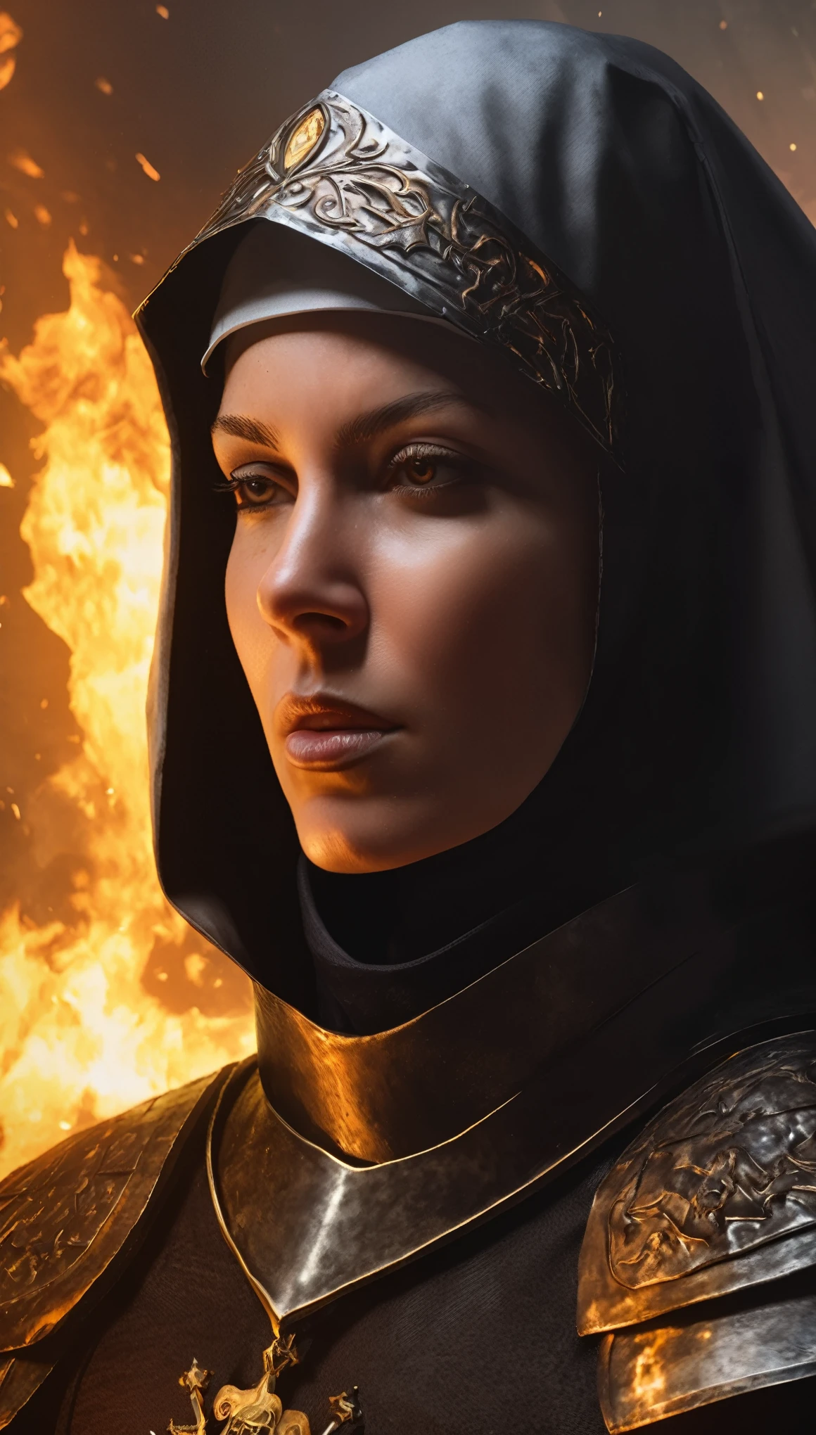 sci-fi, fantasy, digital paintig, medium close up, medieval warrior nun, medieval nun in armor and weapon, holy cross on neck, Half face illuminated by sword fire, half face in light shadow, immersive background of battlefield, war with demons, detailed face, detailed armor, 8k, masterpieces