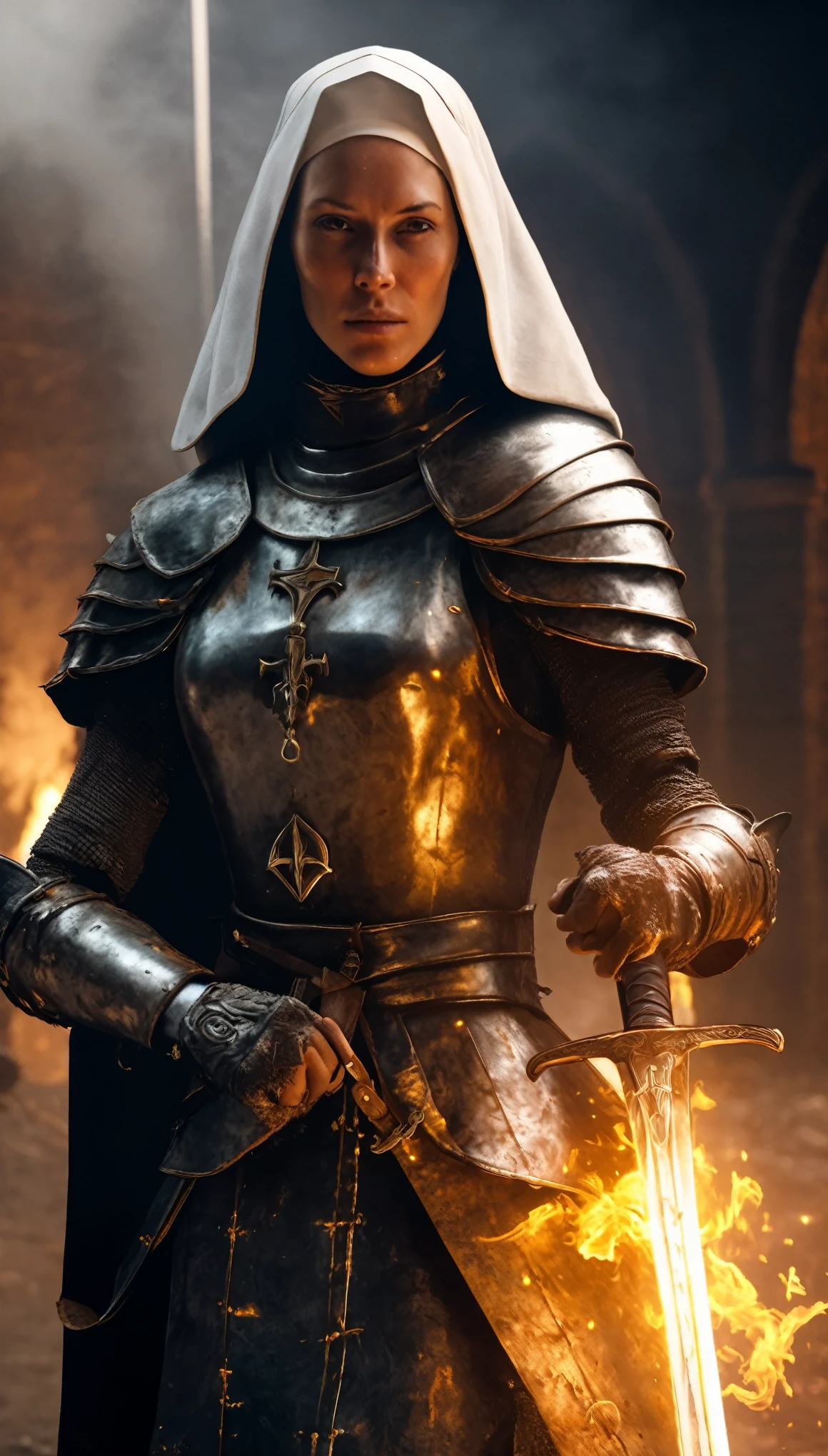 sci-fi, fantasy, digital paintig, medium close up, medieval warrior nun, medieval nun in armor and weapon, holy cross on neck, Half face illuminated by sword fire, half face in light shadow, immersive background of battlefield, war with demons, detailed face, detailed armor, 8k, masterpieces