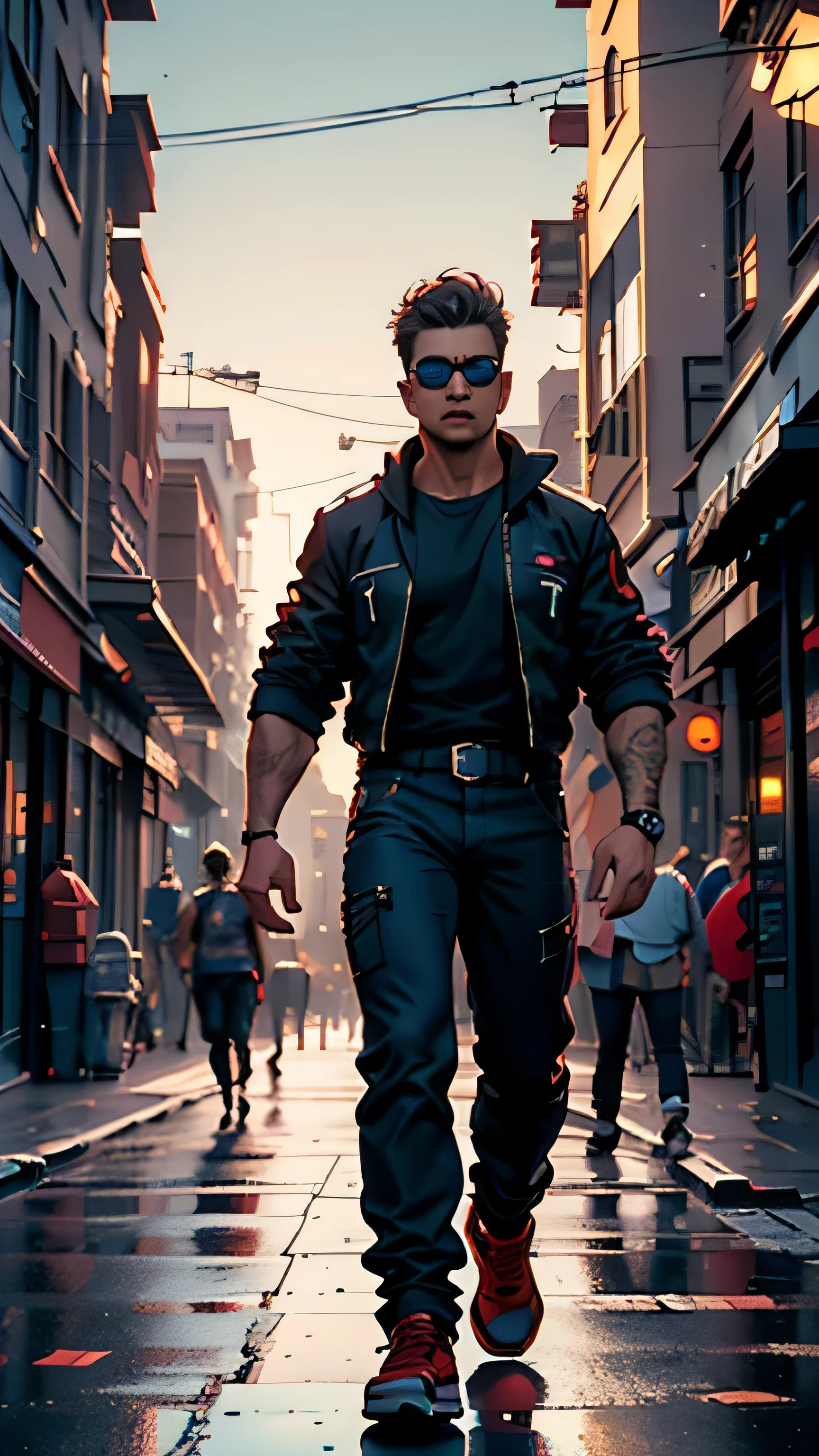 (high-quality digital art,detail-oriented),man,20,military-style hair,casually dressed,red sneakers,walking in the beach,urban landscape,graffiti,city lights,vibrant colors,realistic shadows,3D rendering,street art vibes,skyscrapers,nighttime atmosphere,expressive facial features,confident posture,city skyline in the background,cool and modern aesthetic,impressive attention to detail,colored lighting effects,sidewalks and street signs,reflection of the city in sunglasses,central perspective,urban hustle and bustle,attention-grabbing mural,gritty textures,impressive use of color contrast,varied architecture styles,contemporary fashion sense,stylish accessory accents,city sounds in the backdrop,dynamic composition,energetic and lively scene,visual depth and dimension,seamless blending of traditional and modern elements,impressive digital brushwork,photorealistic portrayal of surroundings,perfectly captured mood and ambiance,attention to atmospheric effects,realistic portrayal of light sources,masterful use of shading and highlights,compelling narrative implied by the scene,endless details to explore and appreciate