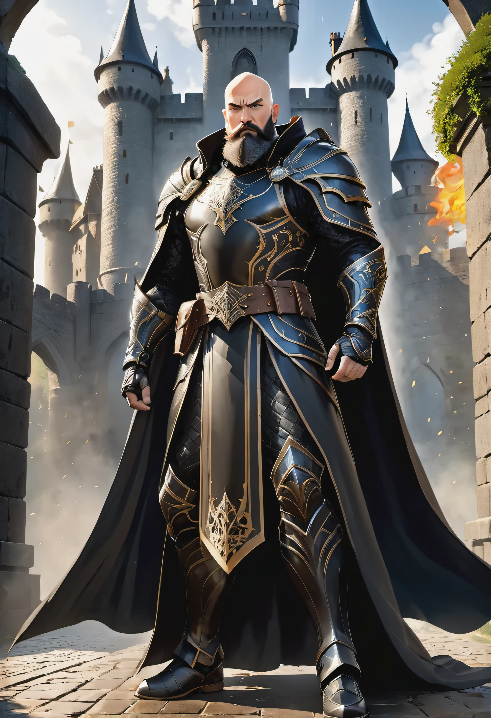 (masterpiece, best quality), intricate details, 8k, artstation, wallpaper, official art, splash art, sharp focus, bald and bearded hero, wearing black armor and cloak, mighty powers of the elements, standing in front of castle gate, angry and mighty