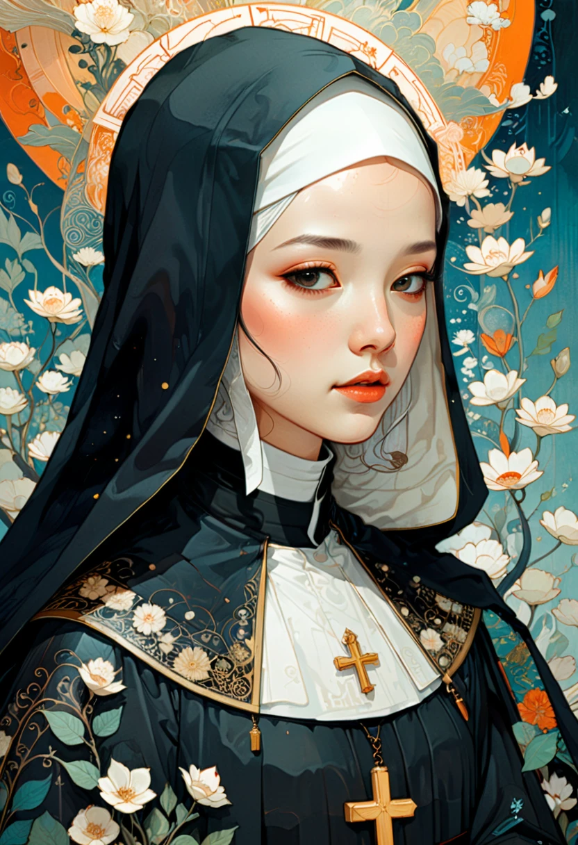 young Nun, by cgsociety and fenghua zhong, (masterpiece, best quality, Professional, perfect composition, very aesthetic, absurdres, ultra-detailed, intricate details:1.3)