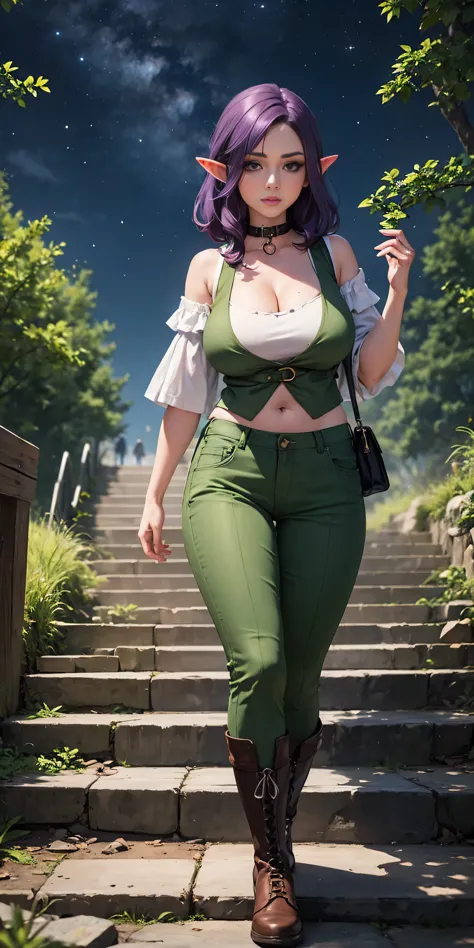 masterpiece, best quality, purplehair, pointy ears, female dwarf, collar, off-shoulder shirt, cleavage, green vest, green pants,...