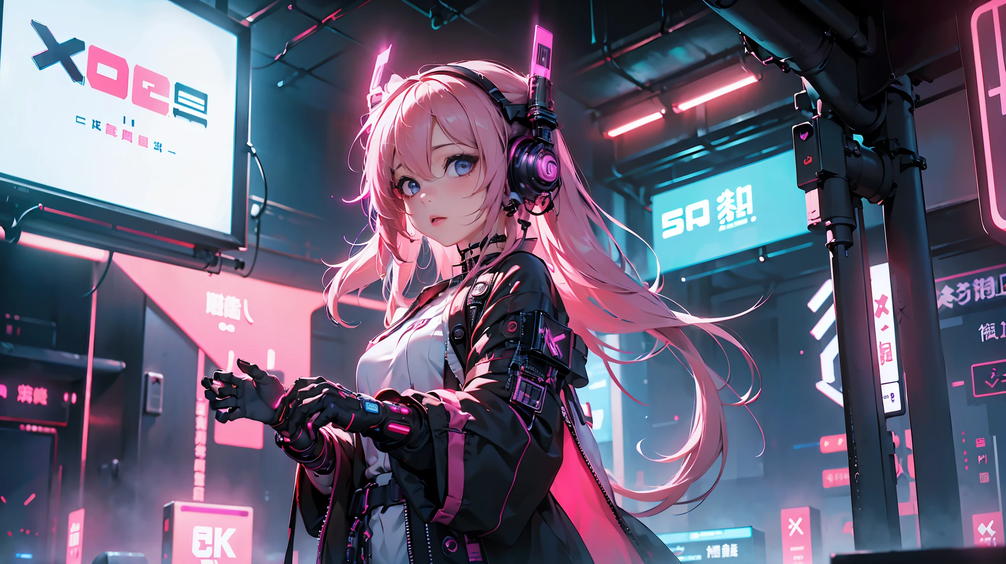 1 girl solo, perfection_hand, (8K, Raw photo, highest quality, masterpiece:1.2), (cyber punk, photo-cyber punkな:1.4), (extremely detailed CG unity 8K wallpaper),full body, (neon light:1.2), Pink light headphones, Hanfu, Chinese service, dress,